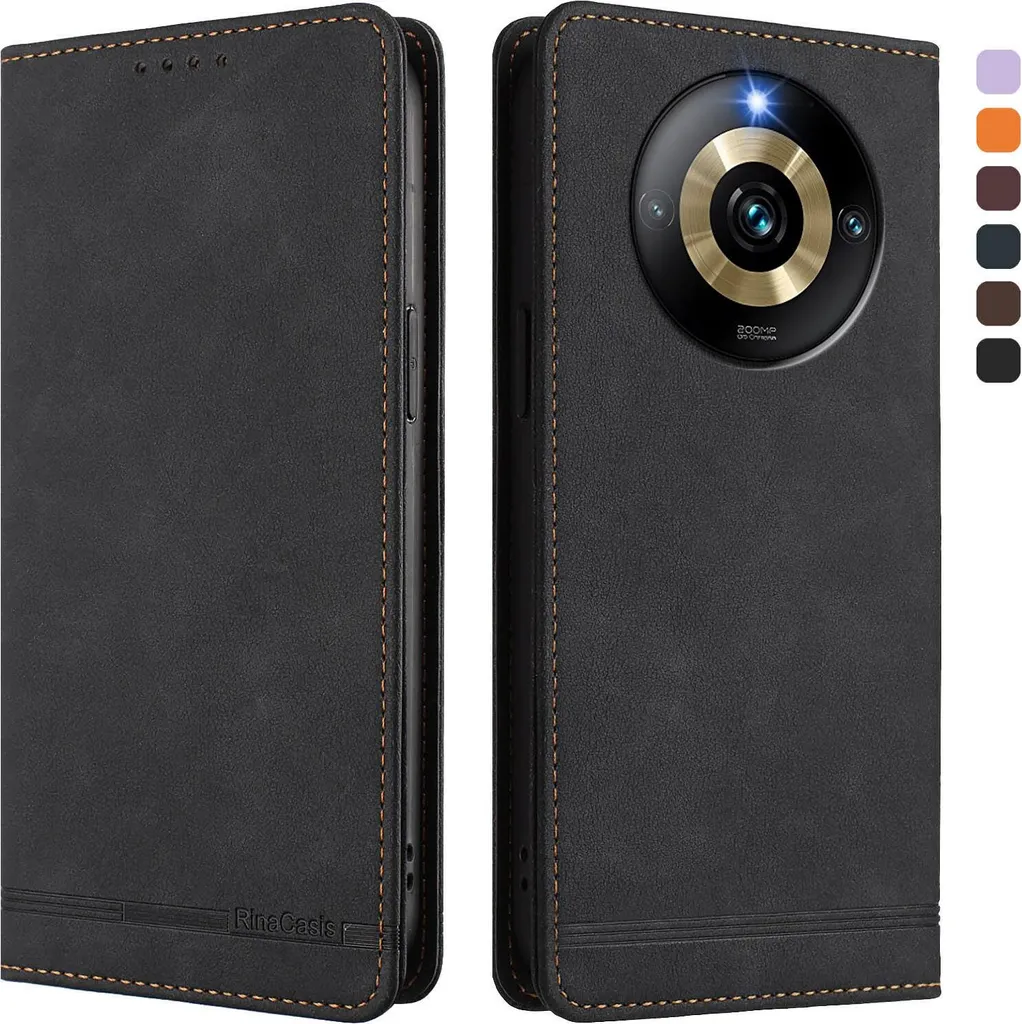 Custodia Realme Narzo 60 Pro in Finto Cuoio Nero con Supporto e Card Slot