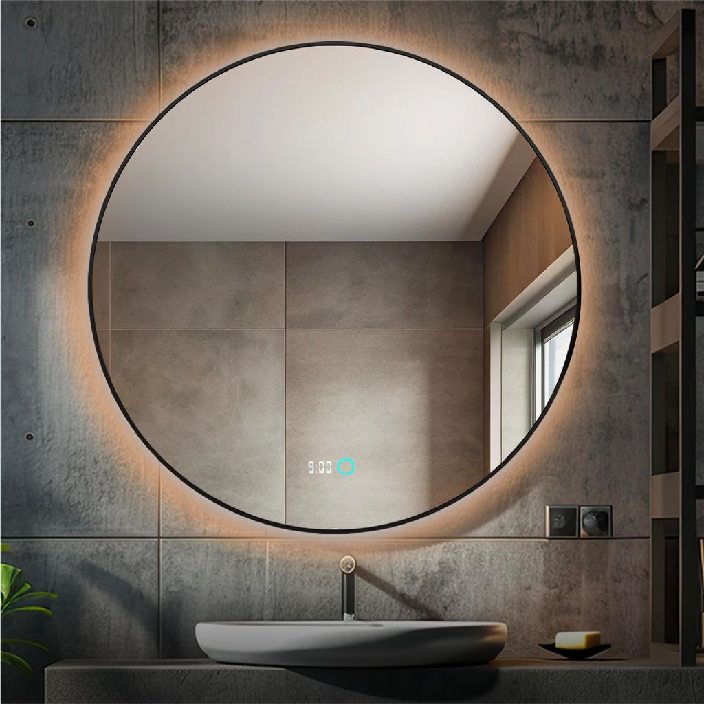 Lumoire Badspiegel mit beleuchtung – 80 cm Rund – Mit Anti-Beschlag & Digitaluhr – Matt Schwarz