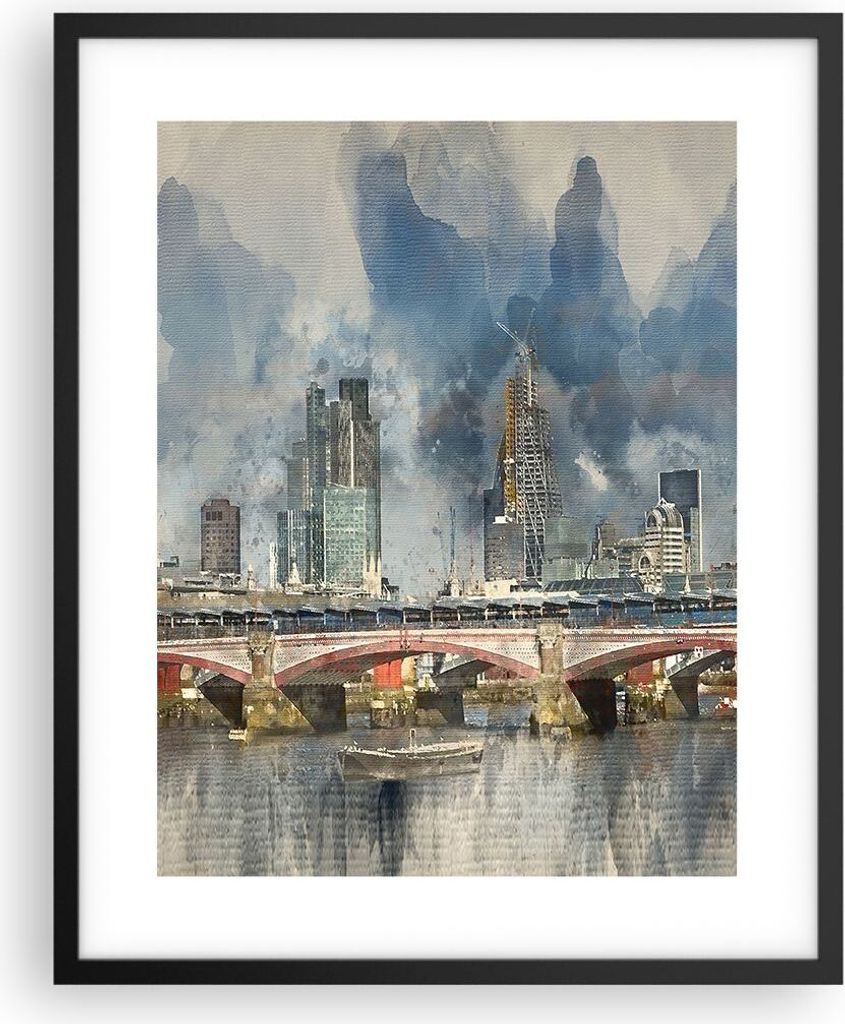 Gerahmtes Poster - Schwarzer Rahmen - London Aquarell Panorama - 40x50 cm - Wand Bild - Wanddeko - Wandbilder - Kunstposter - Wandposter - Bilderra...