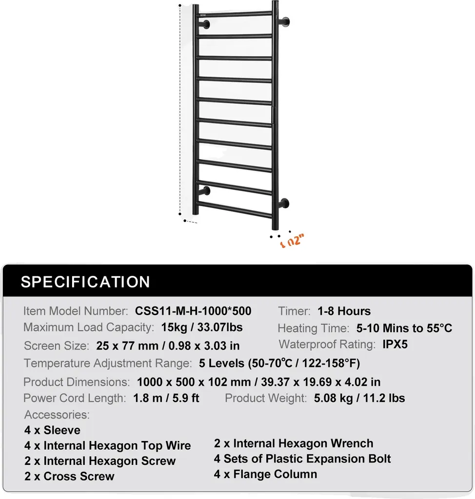 Sèche-serviette électrique noir avec minuterie et 10 barres chauffantes