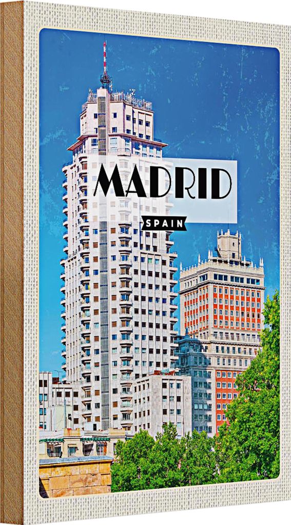 Holzschild Reise 20x30cm Madrid Spanien Hochhaus Architektur