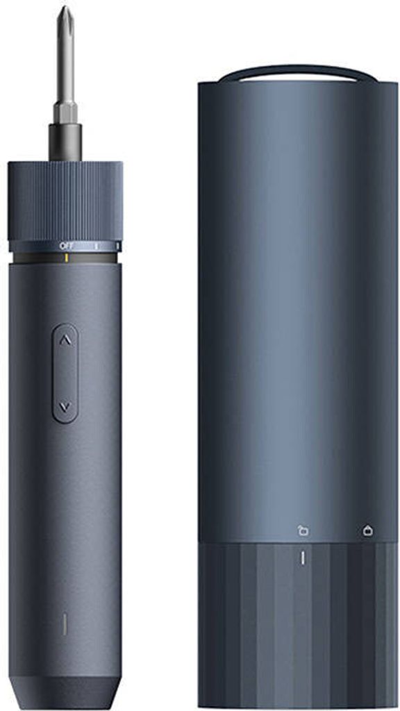 A cordless precision screwdriver and its storage case are displayed side-by-side against a light gray background.