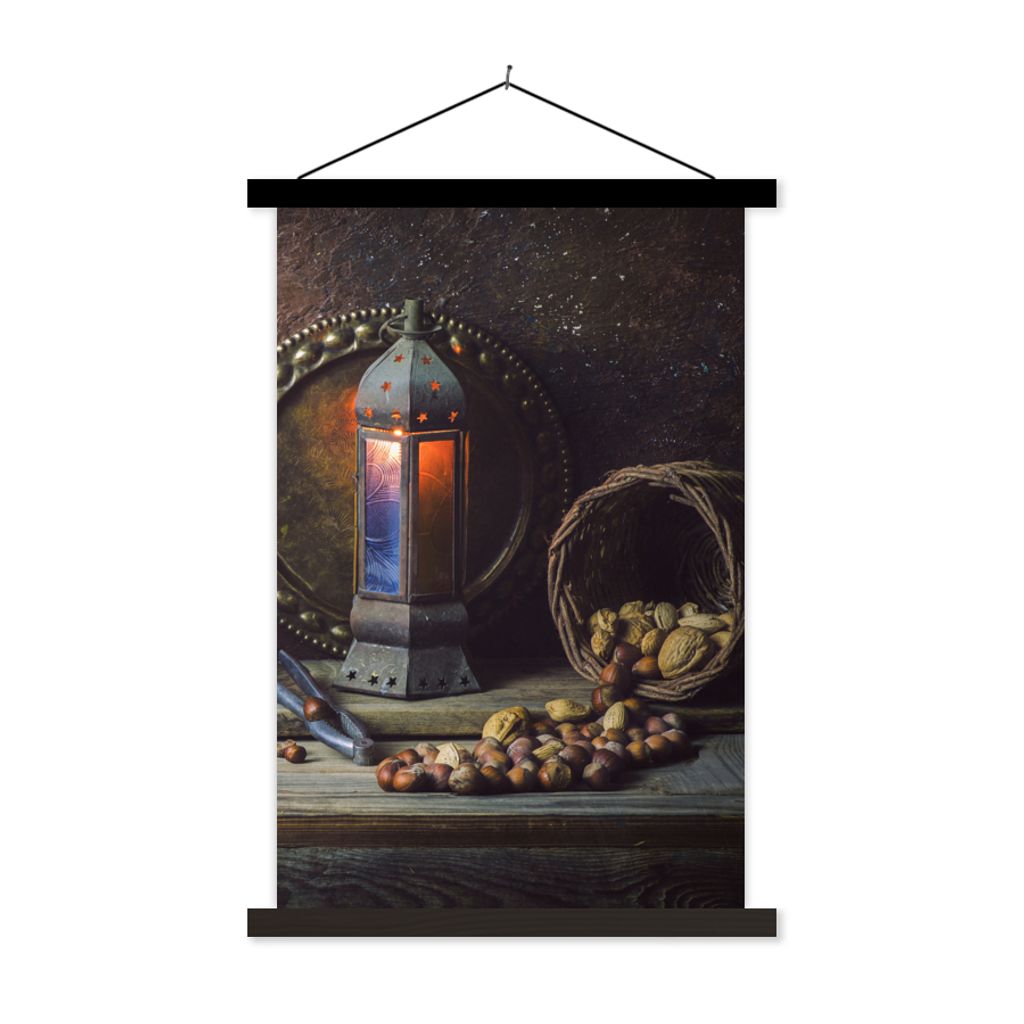 MuchoWow Textilposter Buch - Stilleben - Walnuss - Laterne - Vintage 60x90 cm mit schwarzem Rahmen - Poster Wohnzimmer