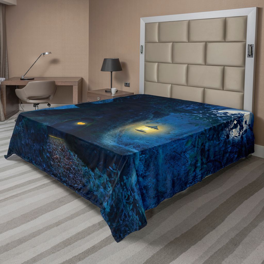 ABAKUHAUS Fantasie Bettlaken, Magische Nacht Mit Einem Kleinen Haus Im Stamm Eines Alten Baums Im Holzdruck, weiches bequemes oberes Bettlaken für...