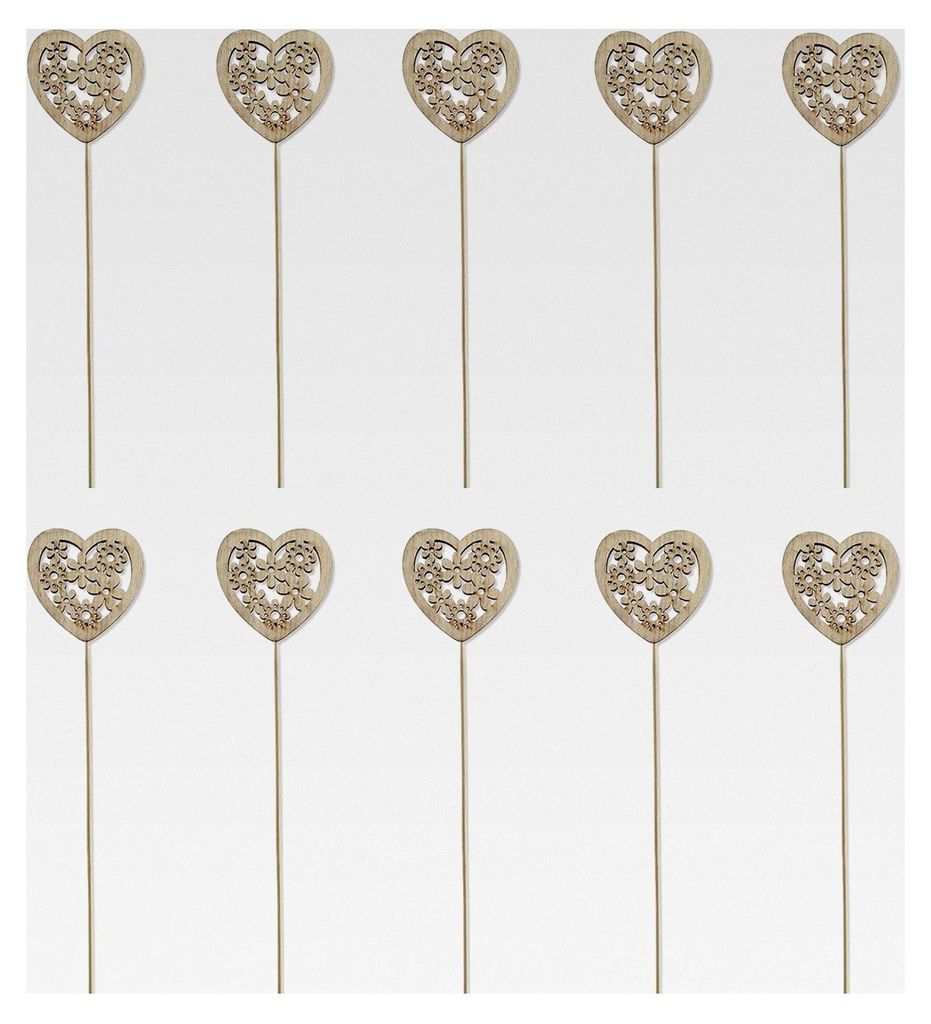 Holz Blumenstecker Herz mit Blumen Natur 10 Stück 7 x 35 cm Dekostecker