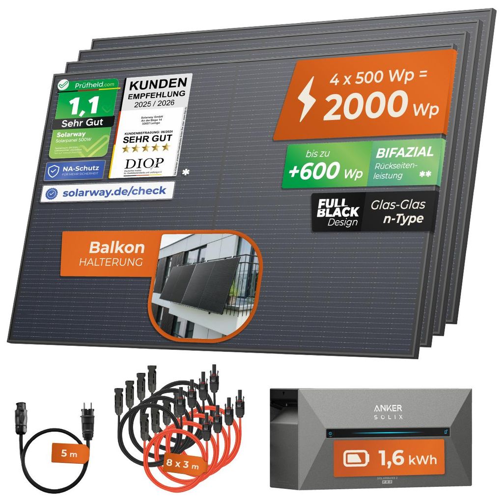 Solarway®️ 2000Wp / 800W Balkonkraftwerk mit 1,6 kWh Produktbild 