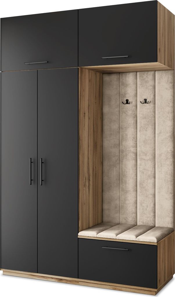 Masseno Garderobe-Set REMA 150/240/60 cm Modern Garderobenschrank Eiche Wotan, Veloursstoff MONOLITH 04 (Beige)