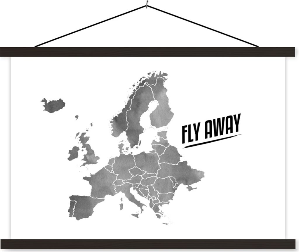 MuchoWow Textilposter Eurocard in grauer Aquarellfarbe mit dem Zitat "Fly away" - schwarz-weiß 60x40 cm mit schwarzem Rahmen - Hölzernes