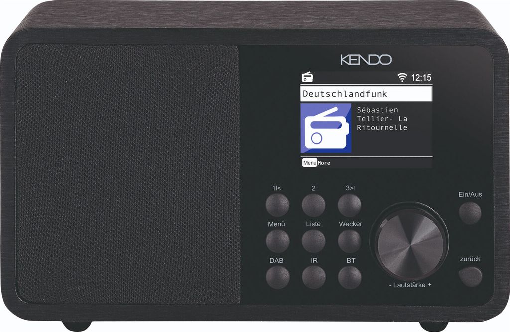 A black KENDO DAB+ Internetradio with a screen displaying station information.