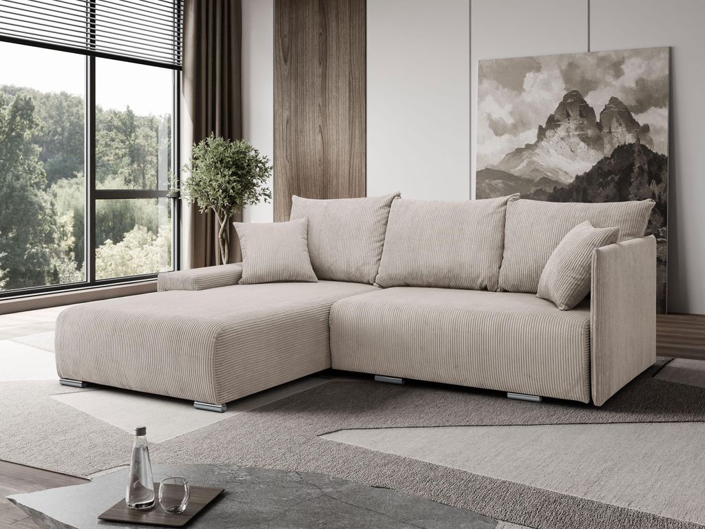 Margaret Hadas24 Ecksofa L Form Lauren 246x188cm mit Schlaffunktion, Bettkasten, Schlafsofa, 4 Sitzer Bettzeugablage Sofa Eckcouch Cord, beige, links