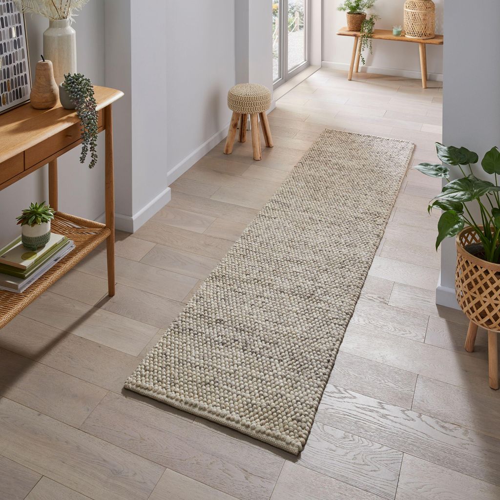 Teppich aus Wollmischung, handgewebt mit stilvollem Noppeneffekt, strapazierfähig Beige Läufer 60x230 | 65% Wolle, 35% Polyester