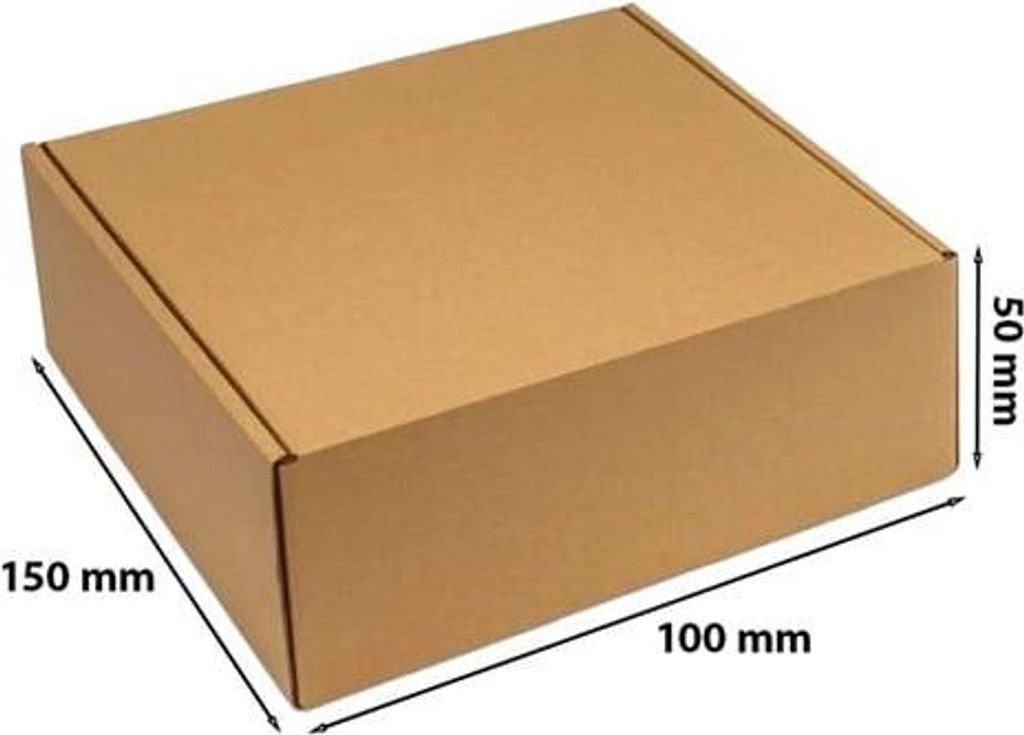 A brown cardboard box with dimensions indicated by measurement lines and text.