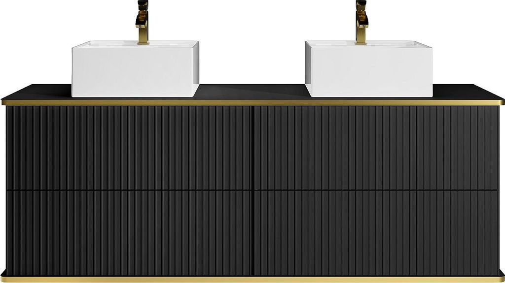 Hängender Badezimmerschrank mit geriffeltem Design, goldener Einfassung und zwei quadratischen Aufsatzwaschbecken – Schwarz – 150 cm – KELIZA
