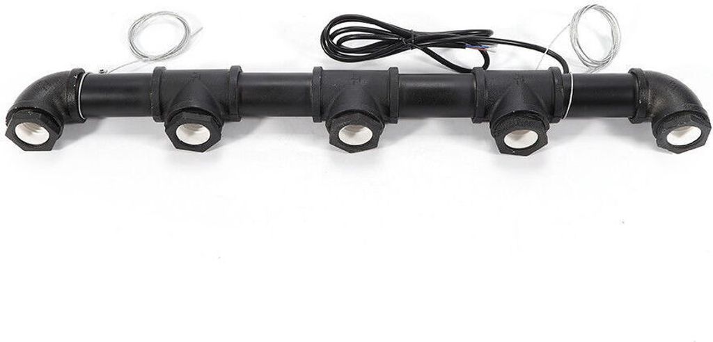 A black pipe-shaped light fixture with five sockets is shown against a white background.