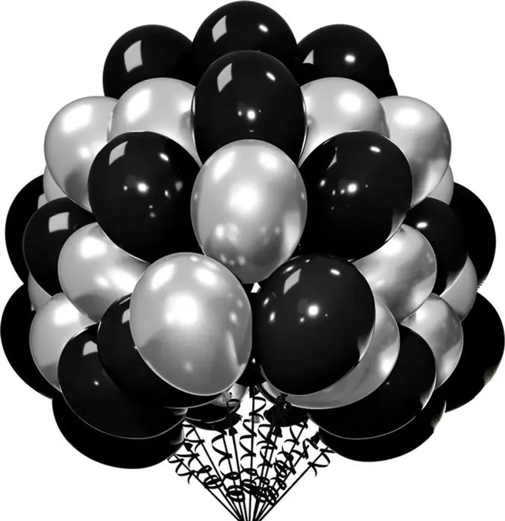 Lot de 100 Ballons d'Anniversaire Chromés Noir et Argent 30cm de Large
