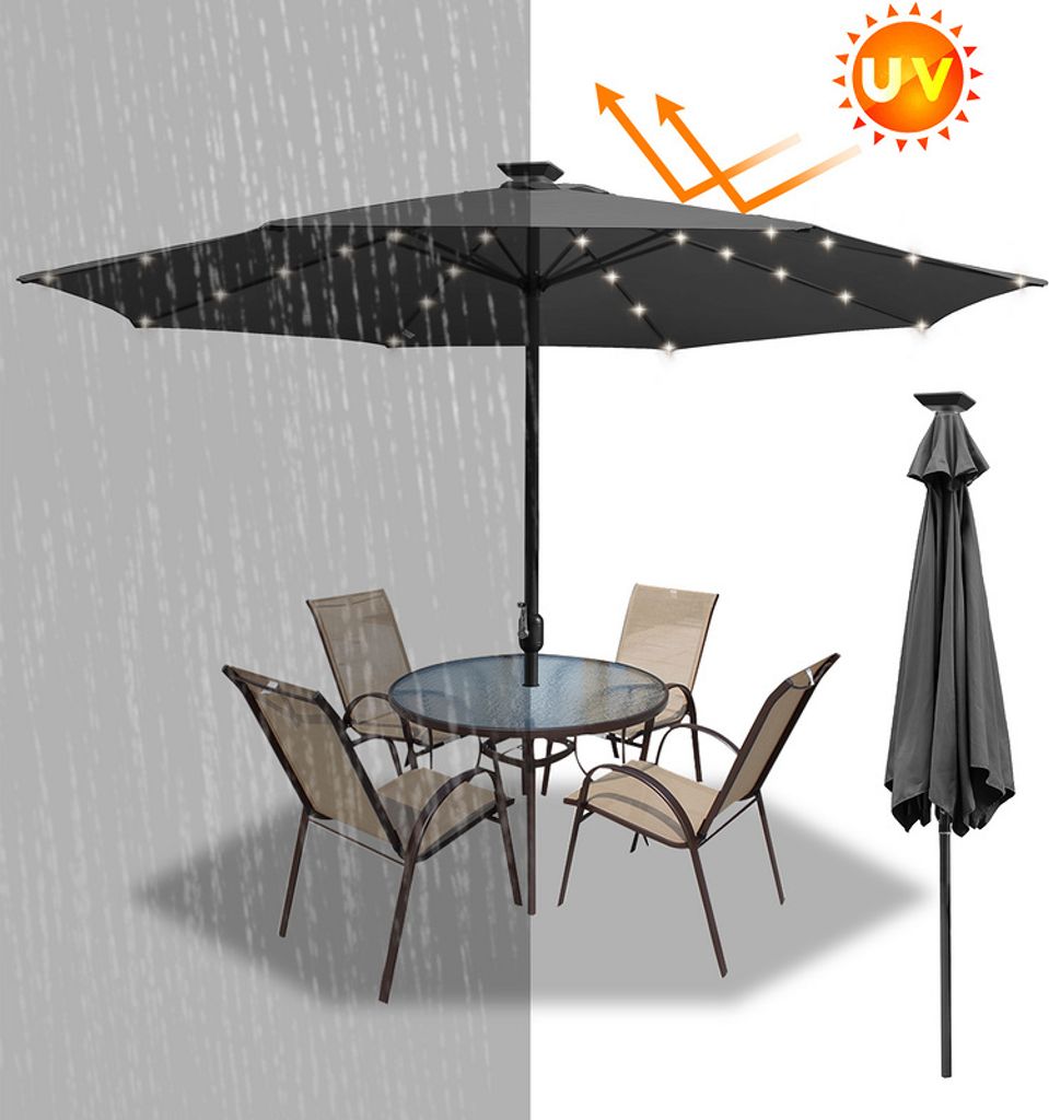 TolleTour 2.7m Sonnenschirm UV40+ Neigbar Sonnenschutz Gartenschirm Strandschirm LED Solar,Grau
