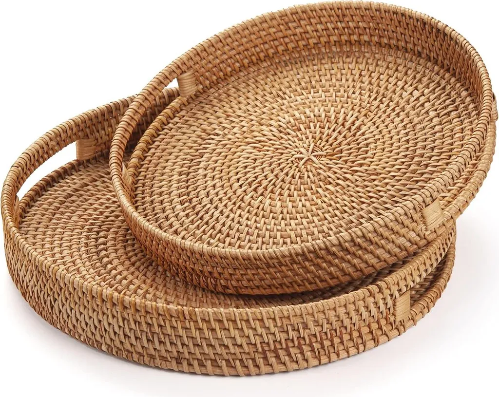 Plateau Rond 30cm avec Poignées en Bois Naturel pour Salon et Cuisine