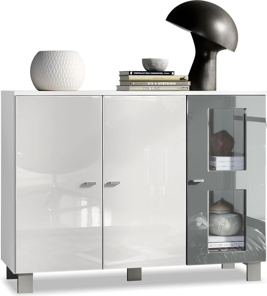 Vladon Sideboard Denjo, Germany, Kommode mit 3 Türen, Weiß matt/Weiß Hochglanz/Grau Hochglanz (107 x 81 x 35 cm)