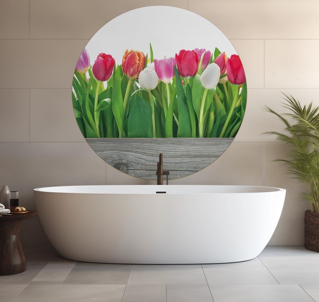 Wallario wasserfestes Poster selbstklebend 120 x 120 cm, Rote weiße und pinke Tulpen im Frühling, Badezimmerposter Spritzschutz mit Hochglanzobe...