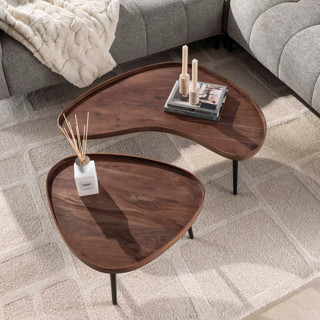 Table basse acacia sculpté main 103 cm marron et noir design unique