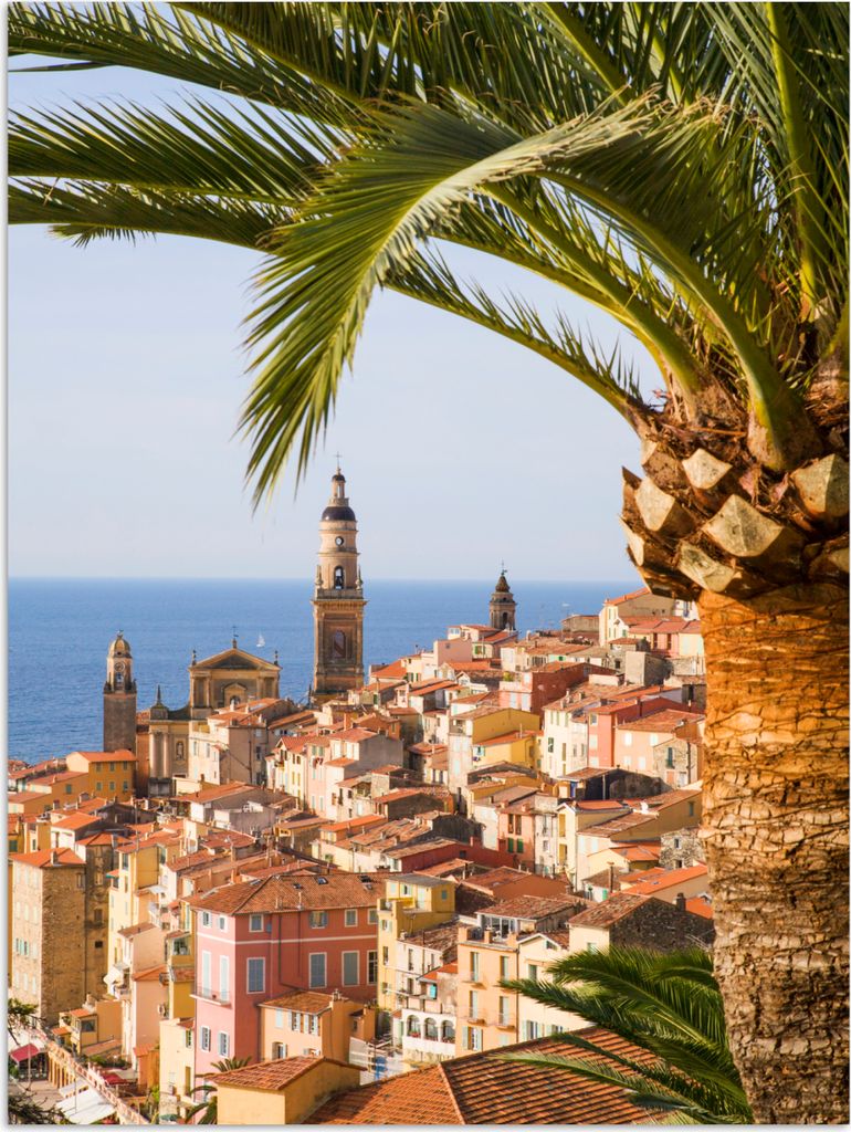 MuchoWow Poster Die französische Stadt Menton und eine Palme 60x80 cm - Schlafzimmer Dekoration