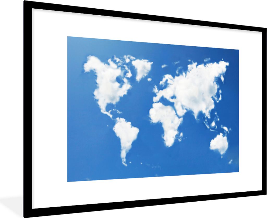 MuchoWow Gerahmtes Poster Weltkarte - Wolken - Himmel - Kinder - Jungen - Mädchen 90x60 cm - Poster mit Schwarzem Bilderrahmen Wandposter Rahmen...