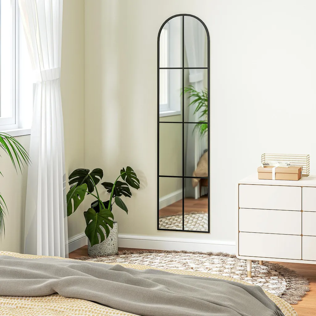 Grand Miroir Mural Noir 40x160 cm en Arche avec Cadre Métal Robuste