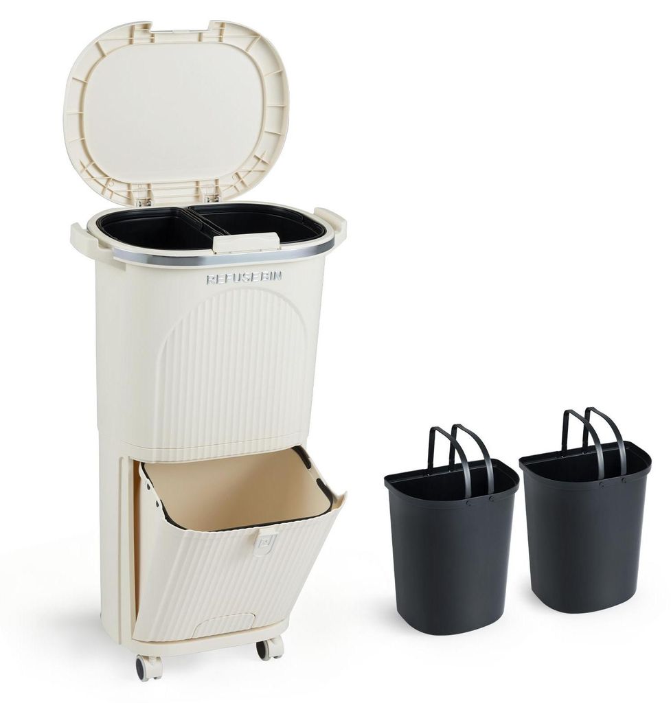 A beige multi-compartment trash can with a lid and a pull-out drawer, shown next to two black bins with handles.