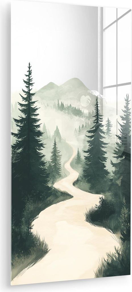 MuchoWow Glasbilder - Bilder auf Wandbild - Foto auf Glas Pfad - Bäume - Wald - Illustration 40x80 cm Wanddekoration aus Glas - Acrylglasbild - Ac...