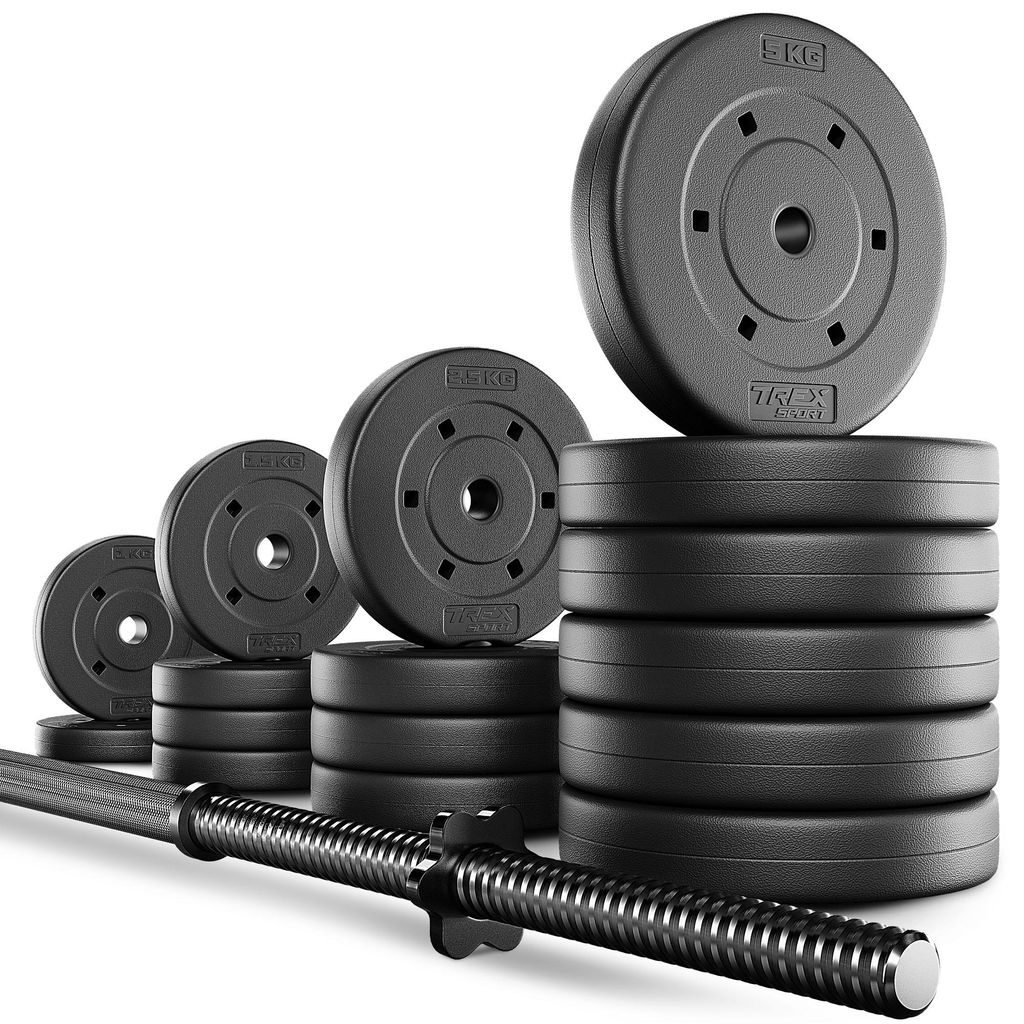 TREX SPORT Langhantel Set TX-055SG | Hantelset 55 kg mit Langhantelstange 180 cm, Kunststoff Hantelscheiben, Sternverschlüsse | Home Gym Krafttrai...