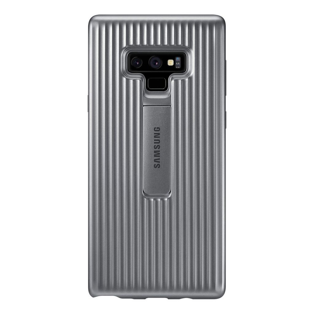 The back of a gray Samsung phone case with a kickstand.