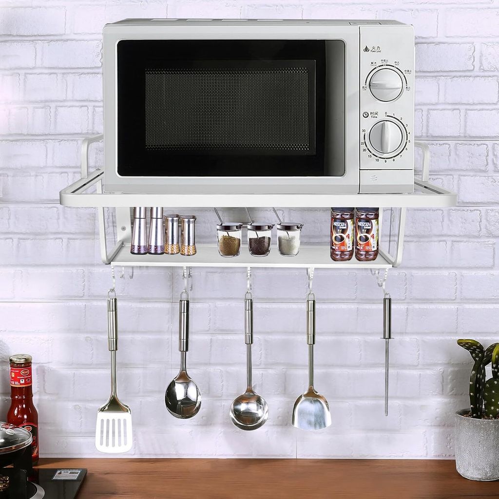55 x 38 x 29cm Mikrowelle Ofen Regal, 2-Tier Mikrowellenhalterung mit 10 hängenden Haken