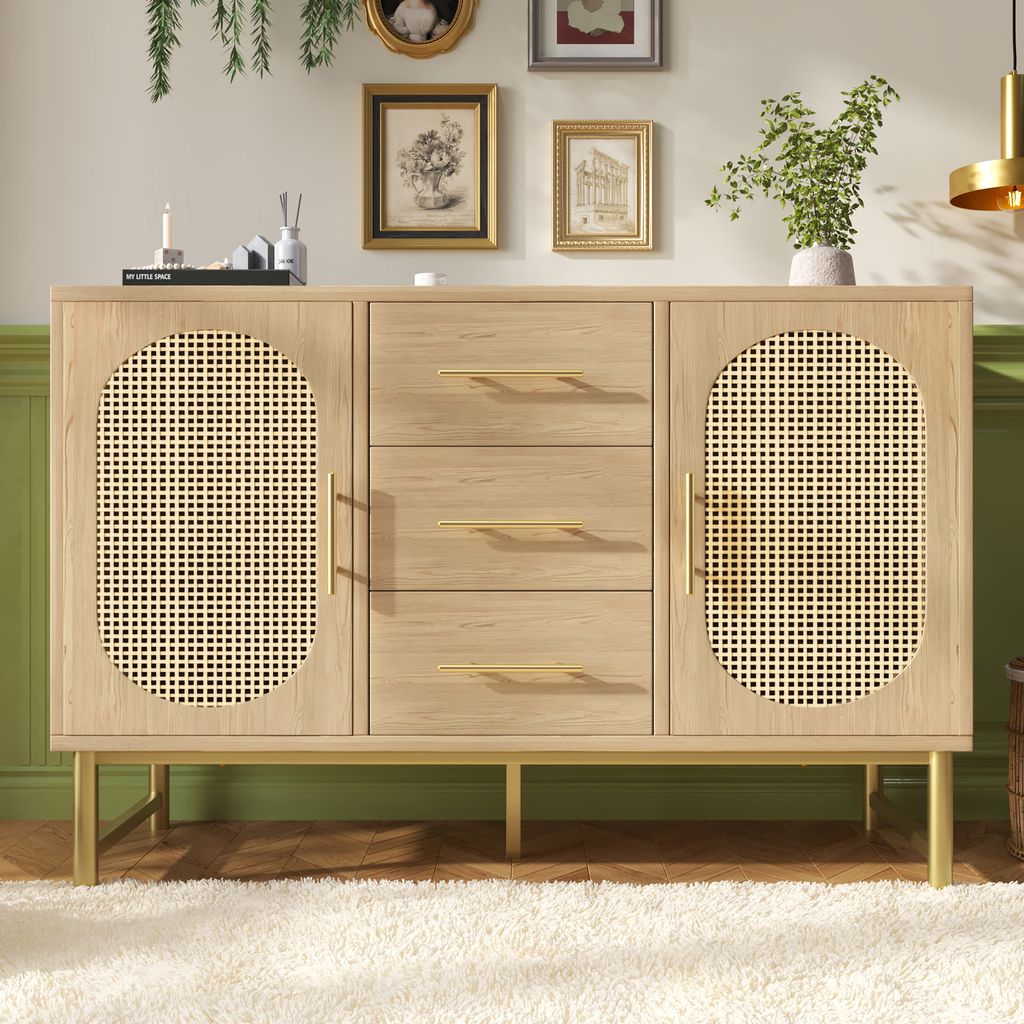 Flieks Kommoden Wohnzimmerschrank Rattan, Sideboard mit 3 Schubladen und 2 Türen, Schubladenkommode Anrichte mit Metallfüß, 120cm, Naturbelassen