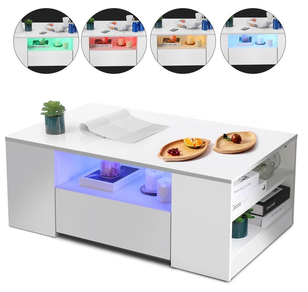 Couchtisch - Rechteckiger LED-Tisch - Hochglanz - Zwei Schubladen mit Stauraum - Maße 99×55×37 cm - Spanplatte - Weiß