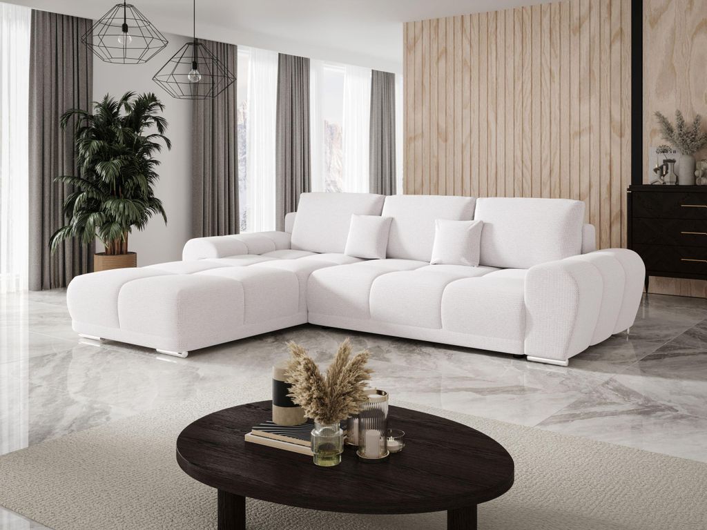 BEDANTE Ecksofa BEGA L Links ARAGON 01 Weiß mit Schlaffunktion L-Form Sofa mit Stauraum Bettkasten Wohnzimmersofa Couch Sofa Bettsofa Bettkasten B...