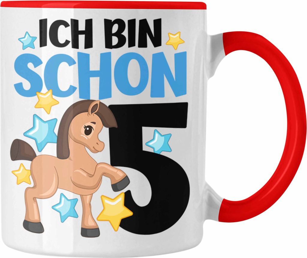 Trendation - 5. Geburtstag Mädchen Tasse Pferde Reiterin 5er Geburtstag Tochter Geschenkidee Kindergeburtstag 5 Jahre Alt (Rot)