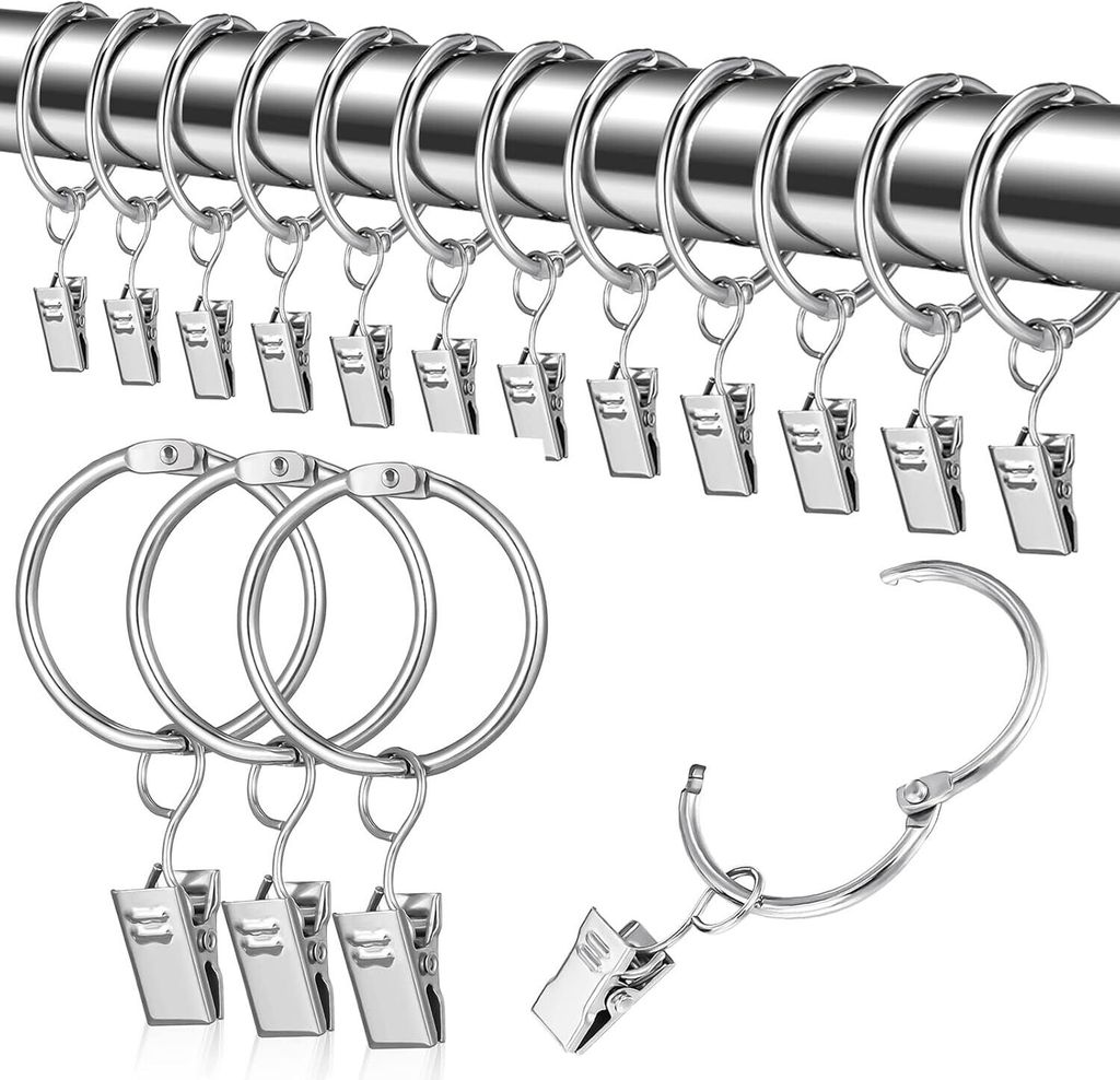 25 Stück Metall Vorhangringe Gardinenringe mit Clips Vorhang Hängend Ringe für Fenster Tür Duschvorhänge, 32mm Innendurchmesser (Silber)