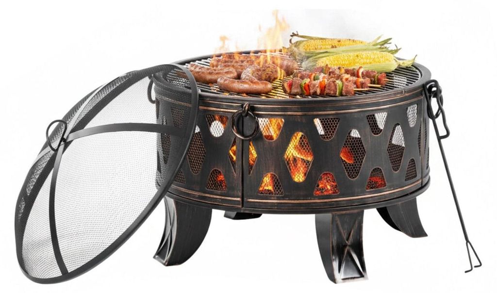 Feuerschale mit Grillrost und Funkenschutz für den Garten
