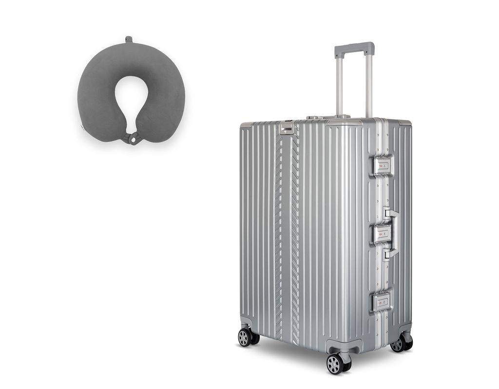 WINLIFE 75cm XL Hartschalenkoffer mit Anthrazit Nackenkissen – Reisekoffer, Alu-Rahmen, ABS, TSA-Schloss, großer Trolley, leicht & robust, Silber
