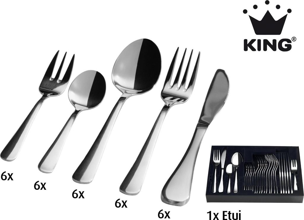 31tlg. KING Besteckset Oslo im ETUI / Edelstahl 18/10 / 6x Menülöffel, 6x Menügabel, 6x Menümesser, 6x Kaffeelöffel, 6x Kuchengabel, 1x Etui