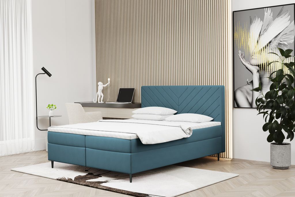 Kaiser Möbel Boxspringbett 140x200 mit bettkasten und matratze+topper, Schlafzimmerbett RUGIA Graublau