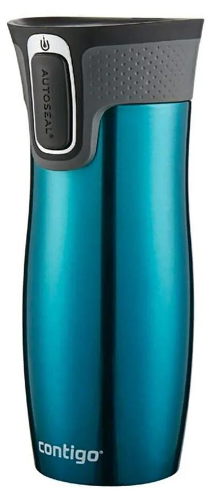 A teal colored Contigo brand insulated travel mug with a black and gray lid.