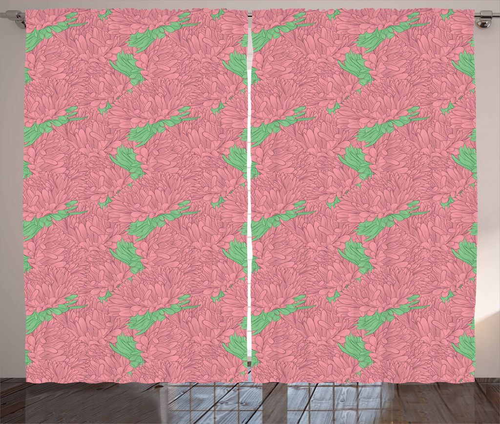 ABAKUHAUS Aster Rustikaler Gardine, Retro Blumen, Schlafzimmer Kräuselband Vorhang mit Schlaufen und Haken, 280 x 245 cm, Shamrock Grün Coral