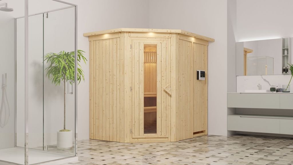 Karibu Sauna Innensauna Saja Eckeinstieg Ofen 3,6 kW externe Strg.easy 210x165x202 cm mit Dachkranz mit Energiespartür
