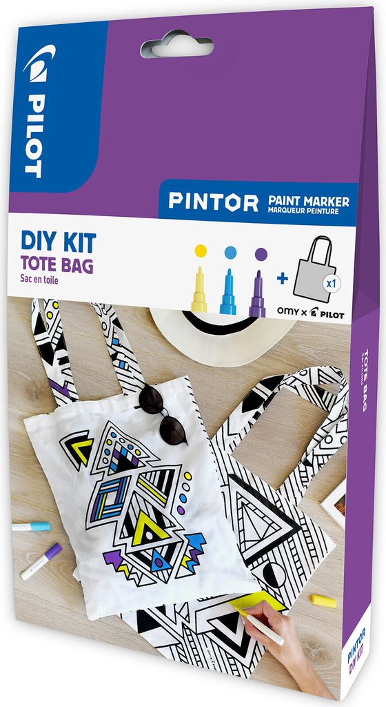 PILOT PINTOR DIY-Set - Kreativmarker + Jute Beutel, Gelb, Violett, Hellblau