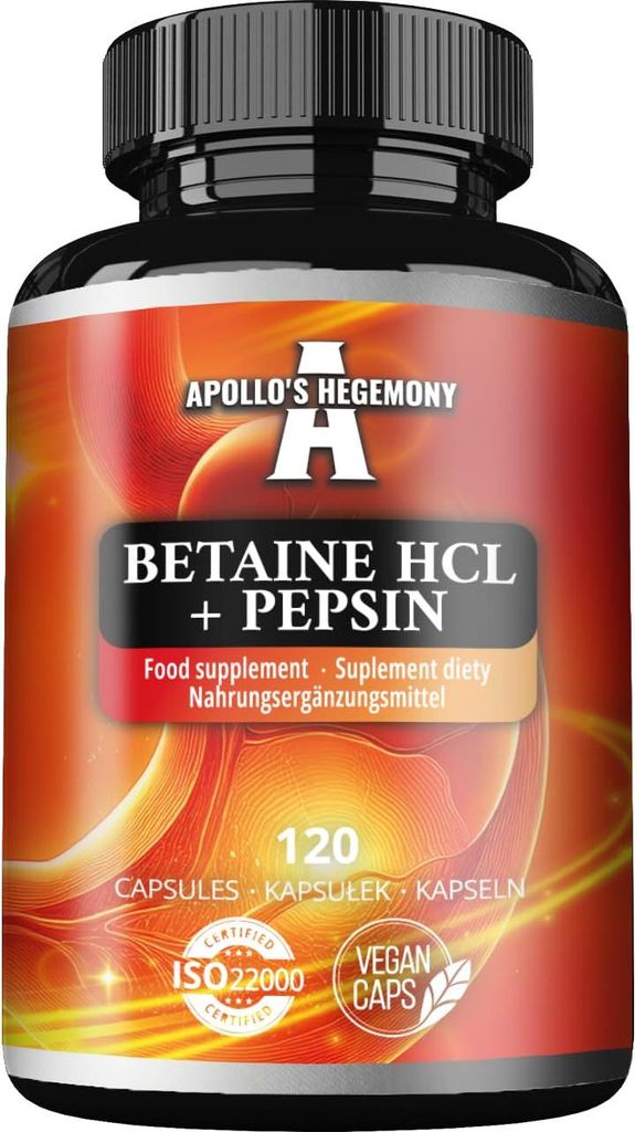 Betain HCl 500 mg + Pepsin - 120 Vegane Kapseln - 120 Portionen in einer Packung - Unterstützt die Effizienz der Verdauung - von Apollo's Hegemony