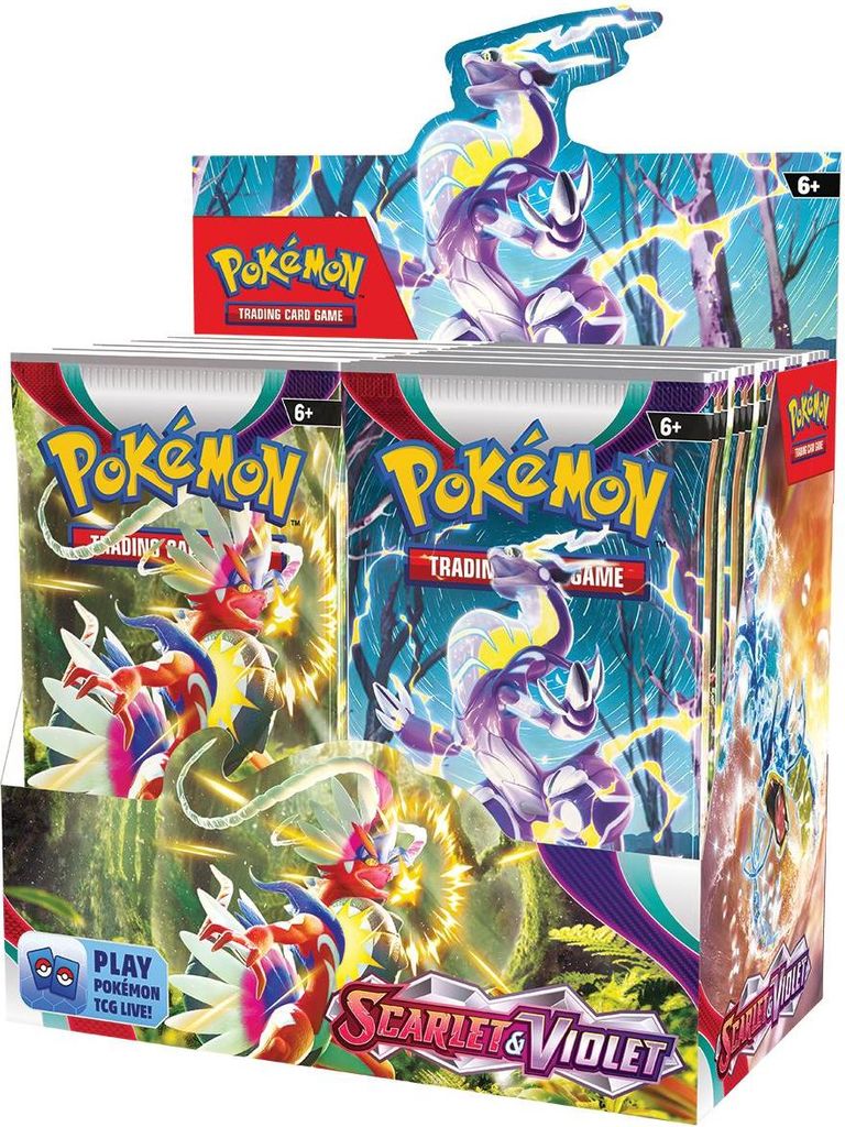 A display box of Pokémon Scarlet & Violet trading card game booster packs.