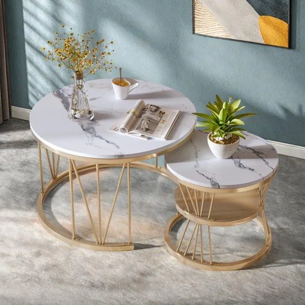 Table basse ronde blanche et dorée en deux parties - Design Modulable