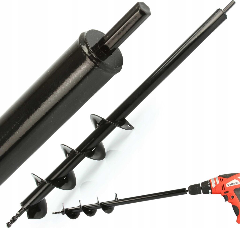 A collage of images showing a black auger drill bit for a garden drill, with a close-up of the shaft and a shot of it attached to a red and black drill.