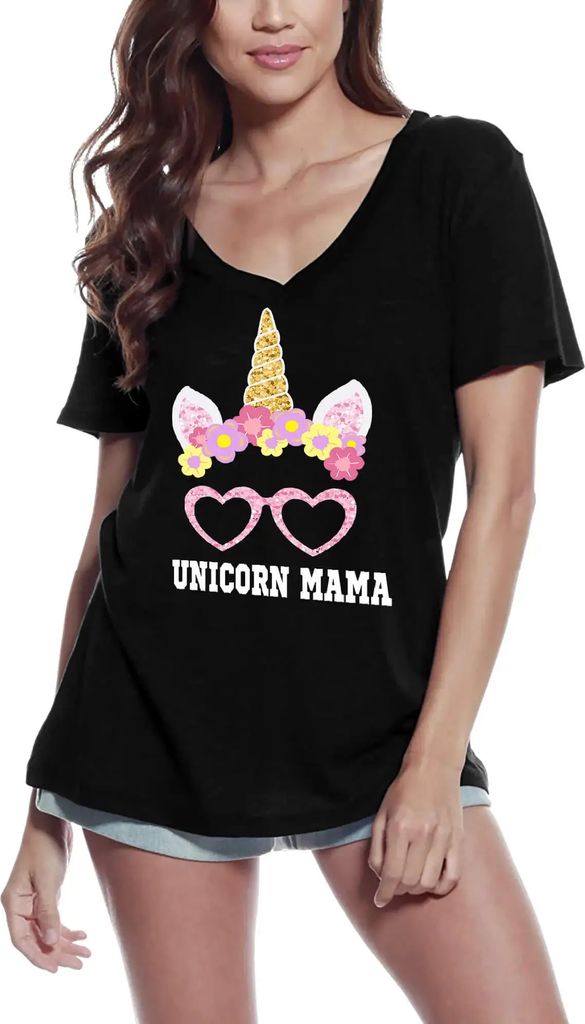 Damen Grafik T-Shirt V-Ausschnitt Einhorn-Mama Mutter – Unicorn Mama Mother – Öko-Verantwortlich Vintage Jahrgang Kurzarm Lustige Druck Geburt...